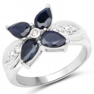 Natural Black Sapphires pear cut with topaz and sterling silver certified ring